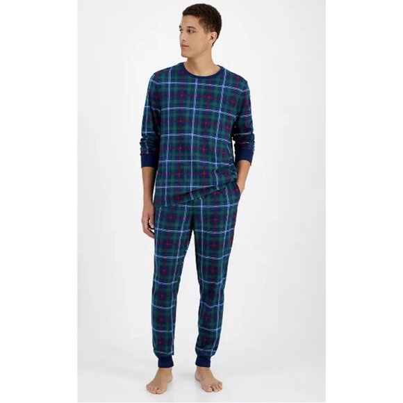 Holiday Lane Men’s 2-Piece Pajama Set L Green Blue Red Plaid Cotton Christmas - Picture 1 of 4